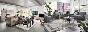 Grau-Braune Inselkueche mit Lackfront und Wohnzimmer mit grauen Sofas und passendem Sessel. 